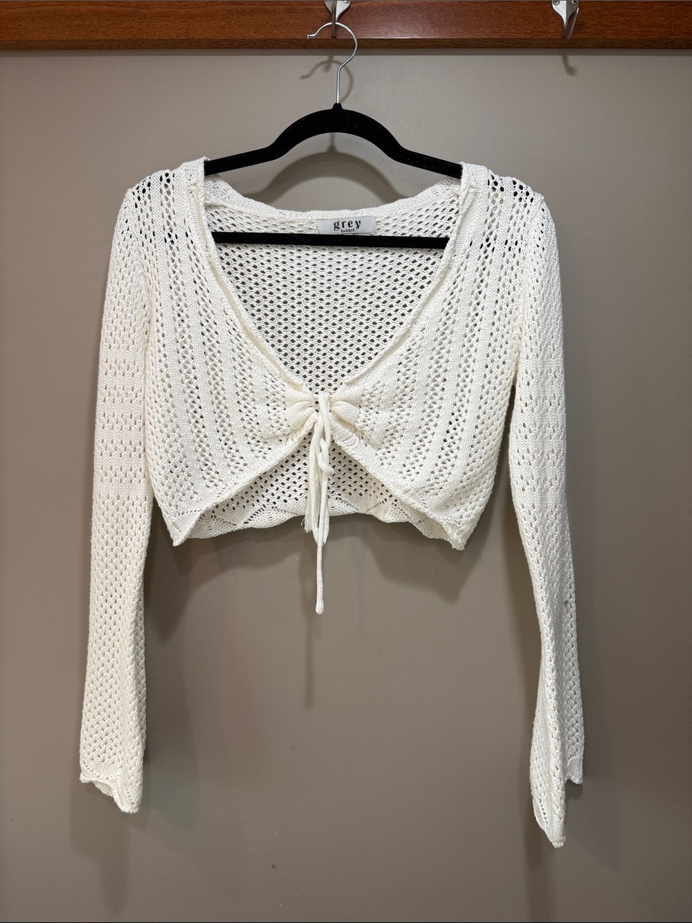 Grey Bandit Tie-Front Open-Knit Cropped Cardigan - Cream